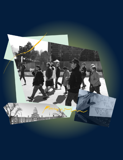 Collage of protestors marching, letters of support and the Wyoming State Capitol.