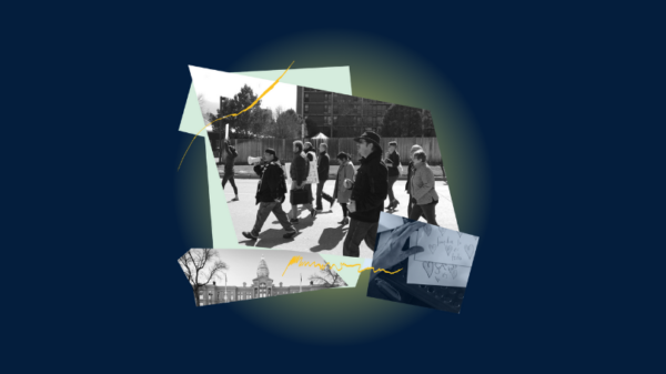 Collage of protestors marching, letters of support and the Wyoming State Capitol.