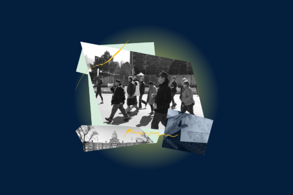 Collage of protestors marching, letters of support and the Wyoming State Capitol.