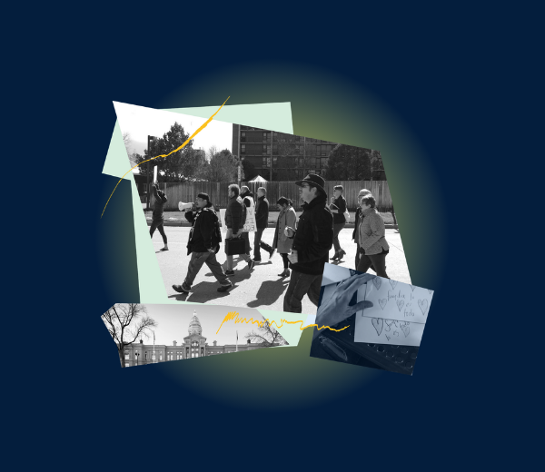 Collage of protestors marching, letters of support and the Wyoming State Capitol.