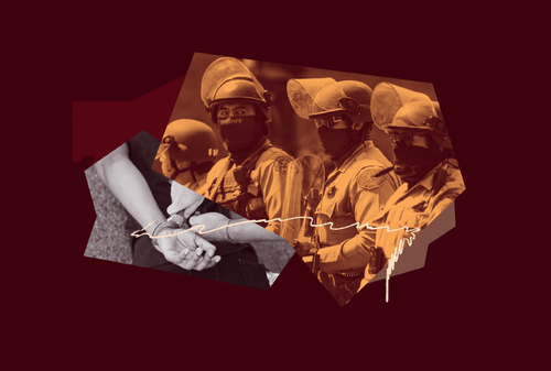 Collage of a person in handcuffs and law enforcement