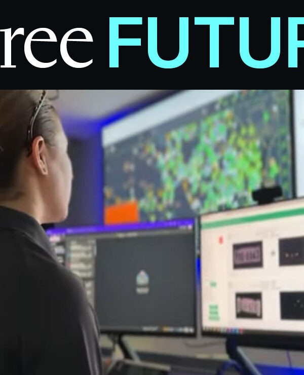 A police officer looking at a wall full of screens in a crime center showing maps and data