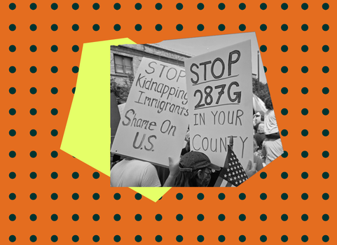 Graphic with a polka dot background and an image of two signs that say "Stop kidnapping immigrants, shame on U.S." and "Stop 287G in your county"