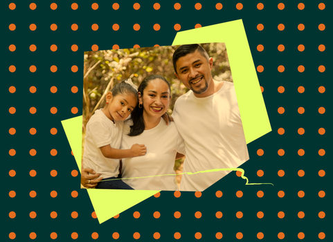 A polka-dot background with an image of a family