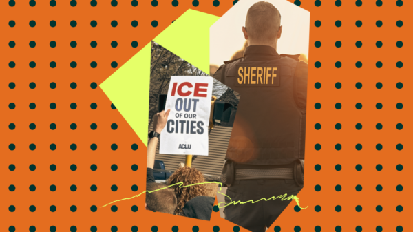 Polka-dot background with an image of a woman holding a sign that reads "ICE out of our cities" and a sheriff deputy.