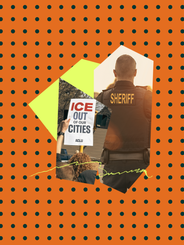 Polka-dot background with an image of a woman holding a sign that reads "ICE out of our cities" and a sheriff deputy.