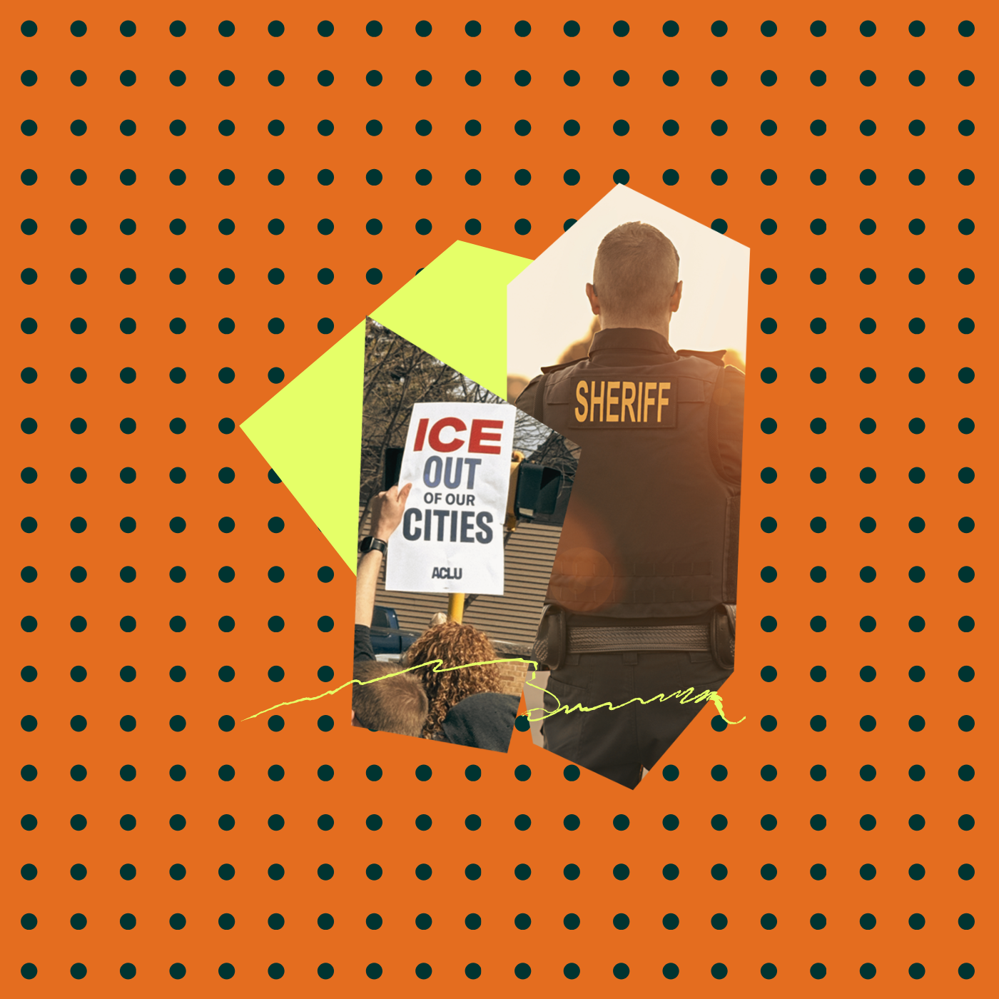 Polka-dot background with an image of a woman holding a sign that reads "ICE out of our cities" and a sheriff deputy.