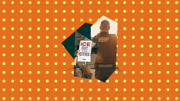 Polka-dot background with an image of a woman holding a sign that reads "ICE out of our cities" and a sheriff deputy.