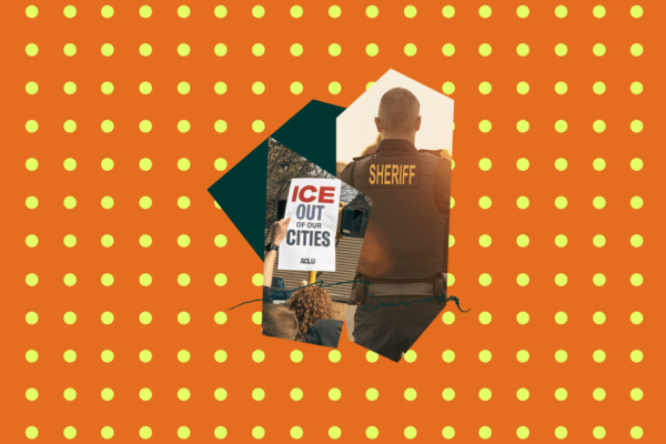 Polka-dot background with an image of a woman holding a sign that reads "ICE out of our cities" and a sheriff deputy.