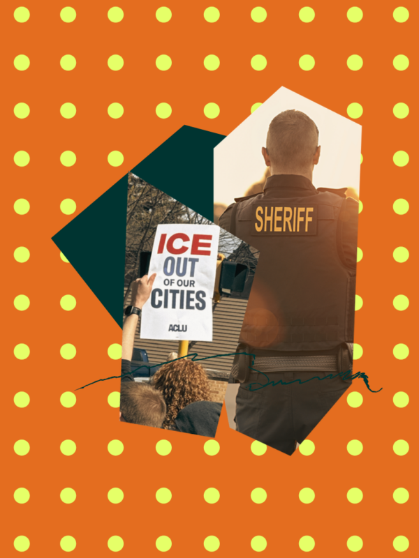 Polka-dot background with an image of a woman holding a sign that reads "ICE out of our cities" and a sheriff deputy.