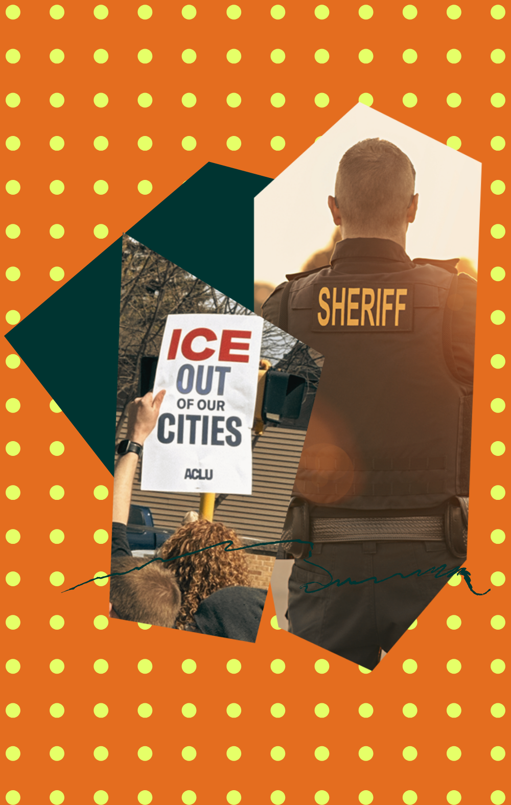 Polka-dot background with an image of a woman holding a sign that reads "ICE out of our cities" and a sheriff deputy.