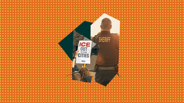 Polka-dot background with an image of a woman holding a sign that reads "ICE out of our cities" and a sheriff deputy.