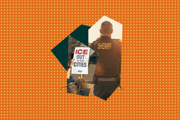 Polka-dot background with an image of a woman holding a sign that reads "ICE out of our cities" and a sheriff deputy.