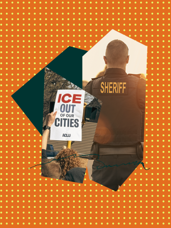 Polka-dot background with an image of a woman holding a sign that reads "ICE out of our cities" and a sheriff deputy.