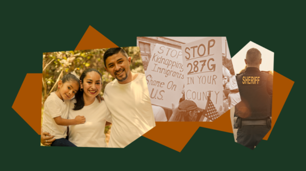 A photo of a family with a mother, father and child collaged with an image of a protest against 287(g). Text that reads "Our neighbors are worth fighting for. Pledge to end 287(g) agreements in Wyoming."