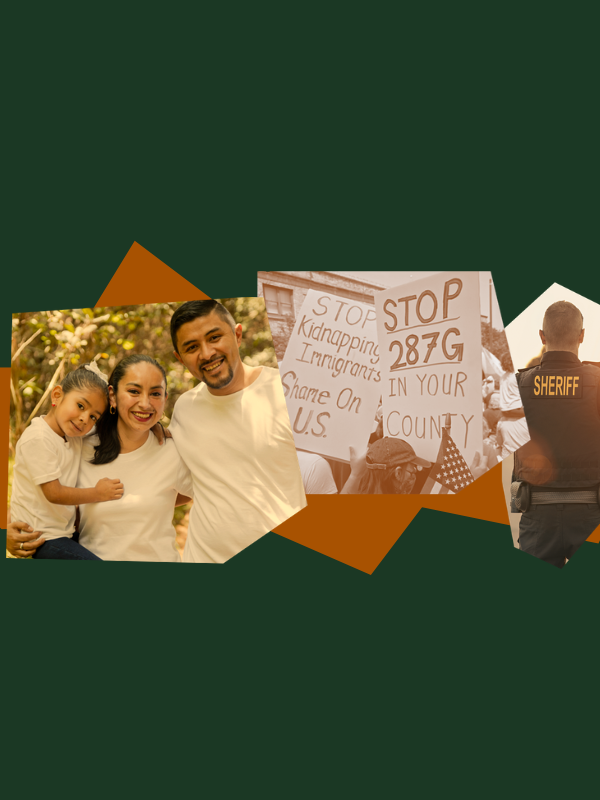 A photo of a family with a mother, father and child collaged with an image of a protest against 287(g). Text that reads "Our neighbors are worth fighting for. Pledge to end 287(g) agreements in Wyoming."