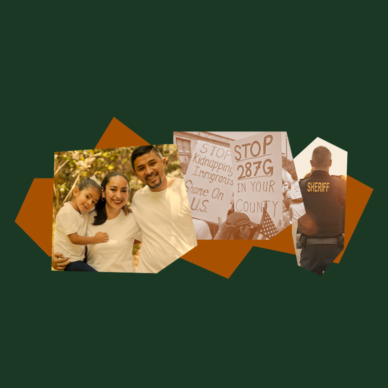 A photo of a family with a mother, father and child collaged with an image of a protest against 287(g). Text that reads "Our neighbors are worth fighting for. Pledge to end 287(g) agreements in Wyoming."