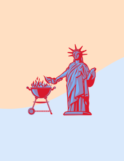 Blue and orange background with an image of Lady Liberty grilling.