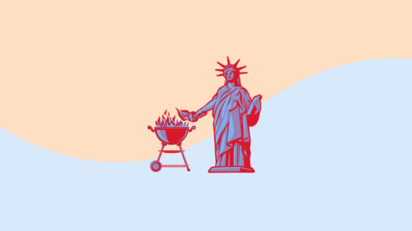Blue and orange background with an image of Lady Liberty grilling.