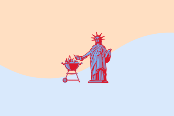 Blue and orange background with an image of Lady Liberty grilling.