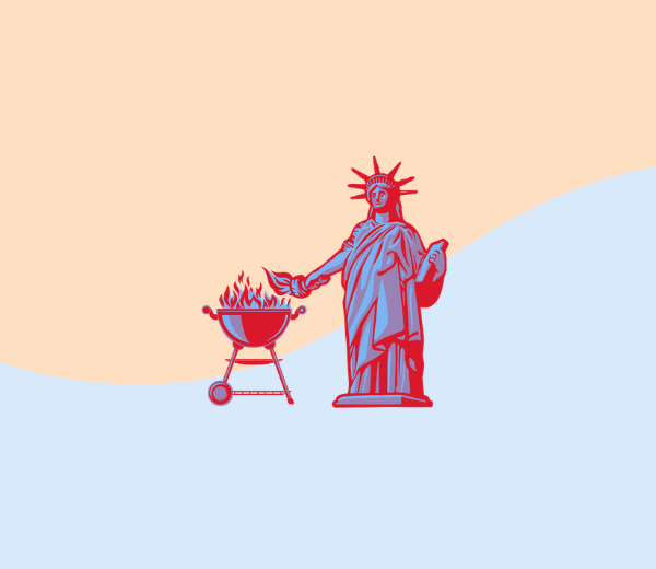 Blue and orange background with an image of Lady Liberty grilling.