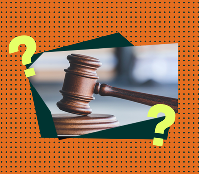collage of a courtroom gavel and question marks