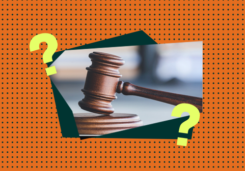 collage of a courtroom gavel and question marks