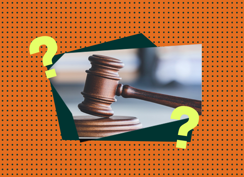 collage of a courtroom gavel and question marks