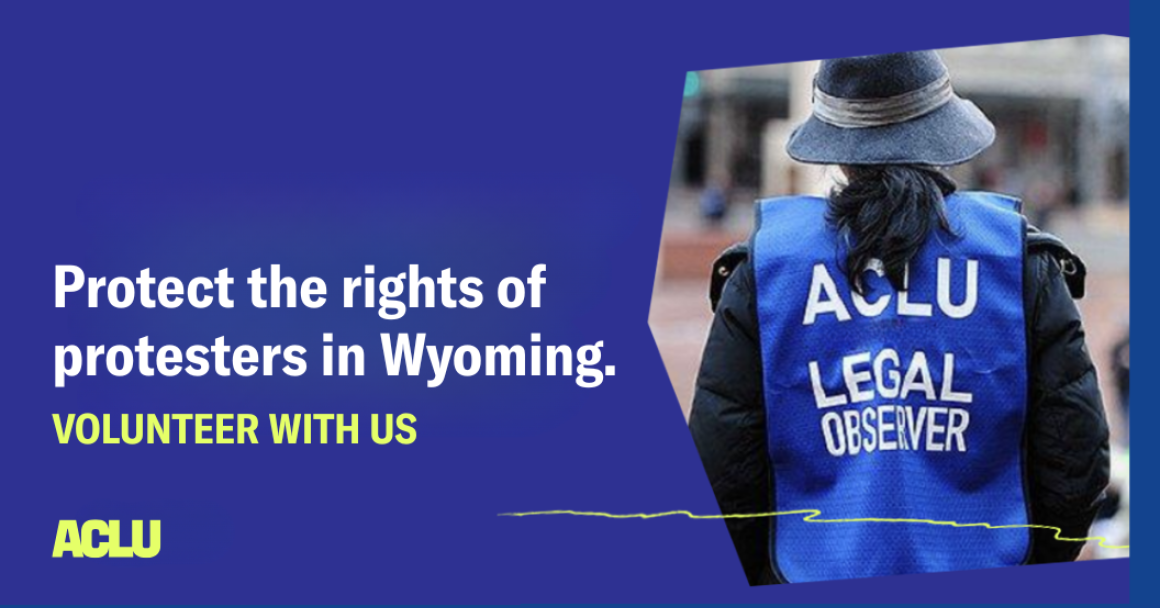 Legal Observer Training - Cheyenne An ACLU volunteer is wearing a blue legal observer vest.