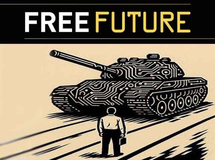 Free Future: A woodcut-style image of a man in front of a tank with circuit board design on it