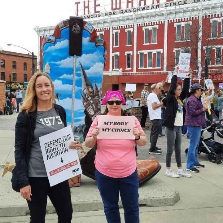 Image of two protesters at a rally holding signs that support abortion access.