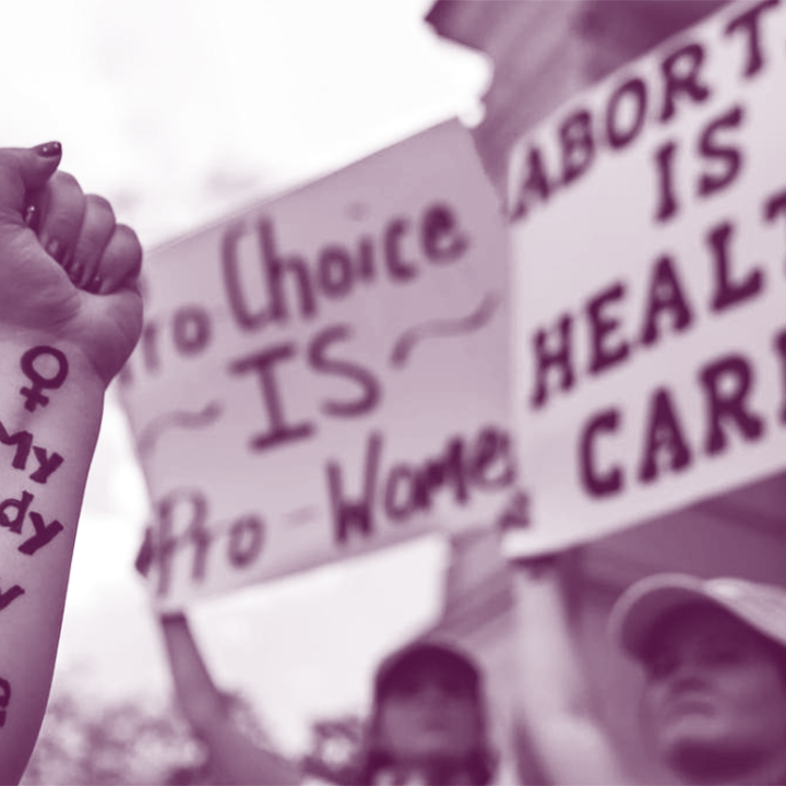 Image of protest signs and an arm that has the text, "My body my choice."