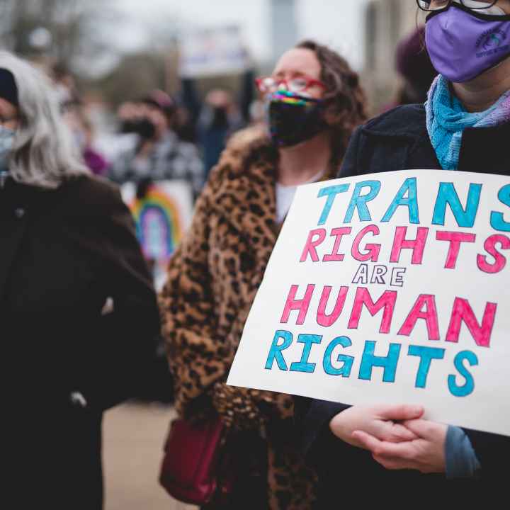 Trans Rights Are Human Rights protest sign held by someone at a rally. 